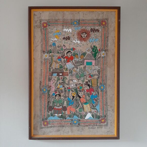 Mexican painting Eleazer Arsenio original vintage folk art work on amate paper - Picture 1 of 8